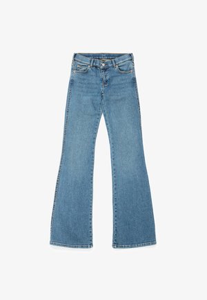 Light blue denim flared jeans with a high waist, five pockets, and metal button closure. Distinctive wide leg openings and even stitching.