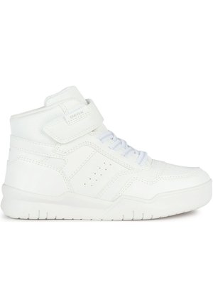 High-top sneaker made of white leather and mesh, featuring perforations for breathability, a Velcro strap, and textured sole.
