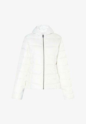 Weißer Daunenjacke mit Reißverschluss, angenommener Kapuze und genähtem Pannelsystem. Glattes, glänzendes Material mit langen Ärmeln und einer leicht taillierten Form.