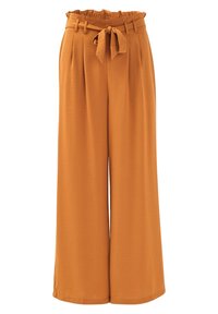 Pantalons à jambes larges en orange brûlé, dotés d'une taille élastique froncée, d'un lien décoratif et de plis pour plus de texture et de style.