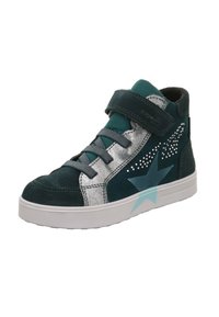 Hoge donkergroene en zilveren sneaker met klittenbandsluiting, ster- en stippenpatroon aan de zijkant, witte zool en elastische veters.