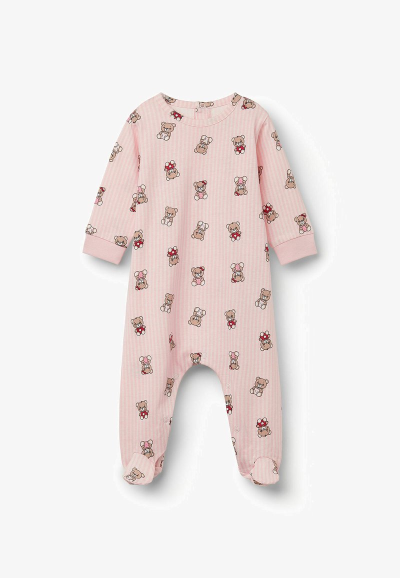 Růžový pruhovaný overal s karikaturami medvídků s mašlemi, dlouhými rukávy a tlakacími uzávěry. Vyroben z měkké tkaniny pro pohodlí.