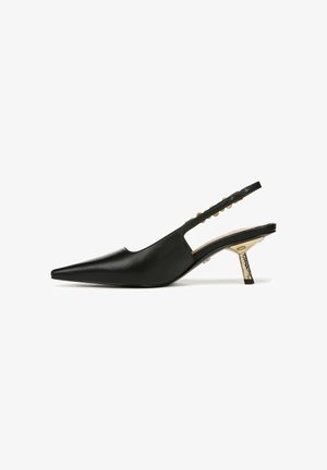 Black leather slingback shoe with pointed toe, slim heel, cut-out side, and decorative gold-tone accents on the strap.