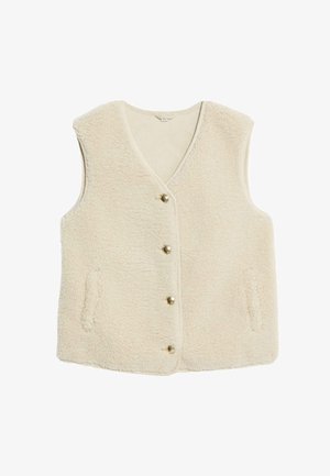 Krémový fleecový svetr s V-krkem, pěti kovovými knoflíky a dvěma bočními kapsami. Měkká, texturovaná tkanina poskytuje teplo a pohodlí.