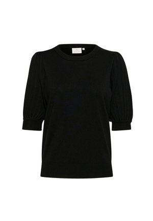 Top nero lavorato a maglia con scollatura rotonda, maniche a palloncino corte e texture a costine sulle spalle e sui polsini. Design semplice e moderno.