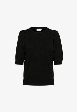 Mustat neulottu toppi, jossa on pyöreä kaula-aukko, lyhyet puffihihat ja ribbikuviointi olkapäissä ja hihansuissa. Yksinkertainen, moderni muotoilu.