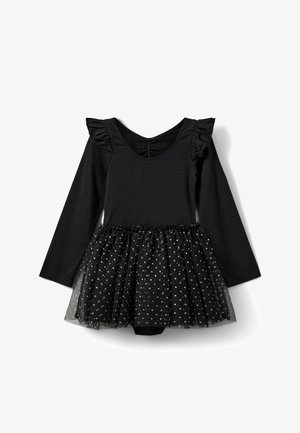 Body nero a maniche lunghe con spalle arricciate, caratterizzato da una gonna di tulle decorata con pois argento in vita.