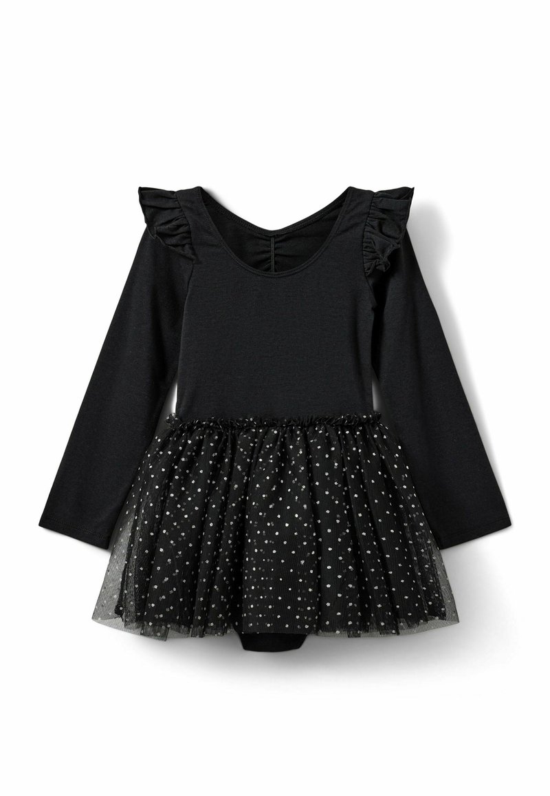 Czarny długi rękaw body z falbanami na ramionach, z tiulową spódnicą ozdobioną srebrnymi groszkami w pasie.