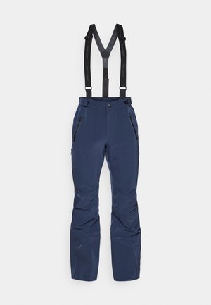 Marineblaue Skihosen mit verstellbaren schwarzen Hosenträgern, Reißverschlusstaschen auf beiden Seiten und einem aerodynamischen, wasserabweisenden Design.