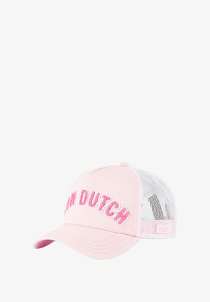 Gorra de béisbol rosa con espalda de malla, con "SOY HOLANDÉS" en letras de terciopelo rosa en la parte delantera. Visera curva y cierre ajustable a presión.