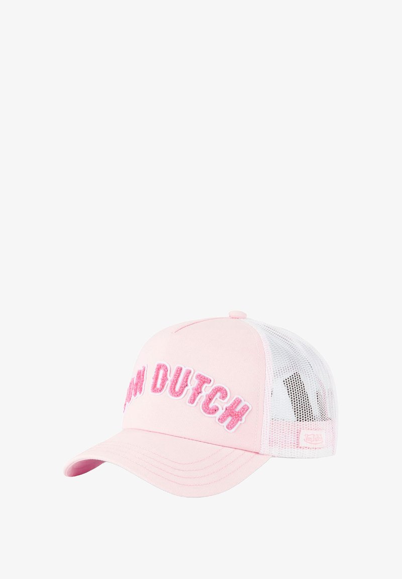 Gorra de béisbol rosa con espalda de malla, con "SOY HOLANDÉS" en letras de terciopelo rosa en la parte delantera. Visera curva y cierre ajustable a presión.