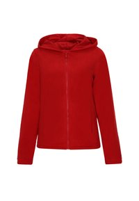 Czerwona polarowa kurtka z kapturem na zamek, z długimi rękawami i gładką fakturą. Po jednej kieszeni na zamek po każdej stronie. Prosty design.