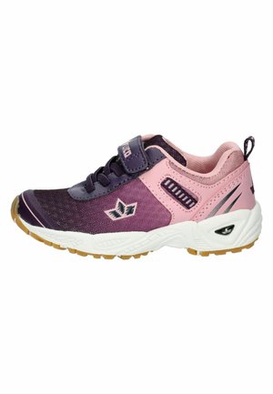 Child’s sporty sneaker in purple and pink with Velcro strap, fabric upper, white sole, and rubber tread for grip.