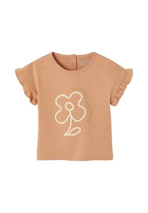 Toddler's short-sleeve brown shirt with ruffled edges and a simple white flower design with "LA DOUCE AVENTURE" text on the front.