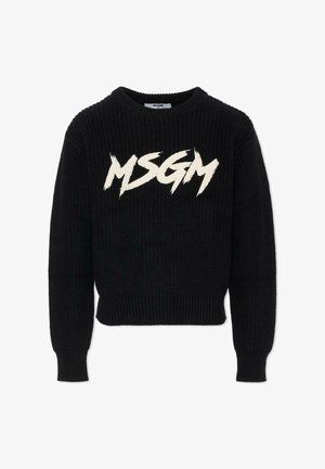 Zwarte gebreide trui met een cropped ontwerp, geribbelde textuur en een wit grafisch "MSGM" logo op de voorkant. Lange mouwen en ronde hals.