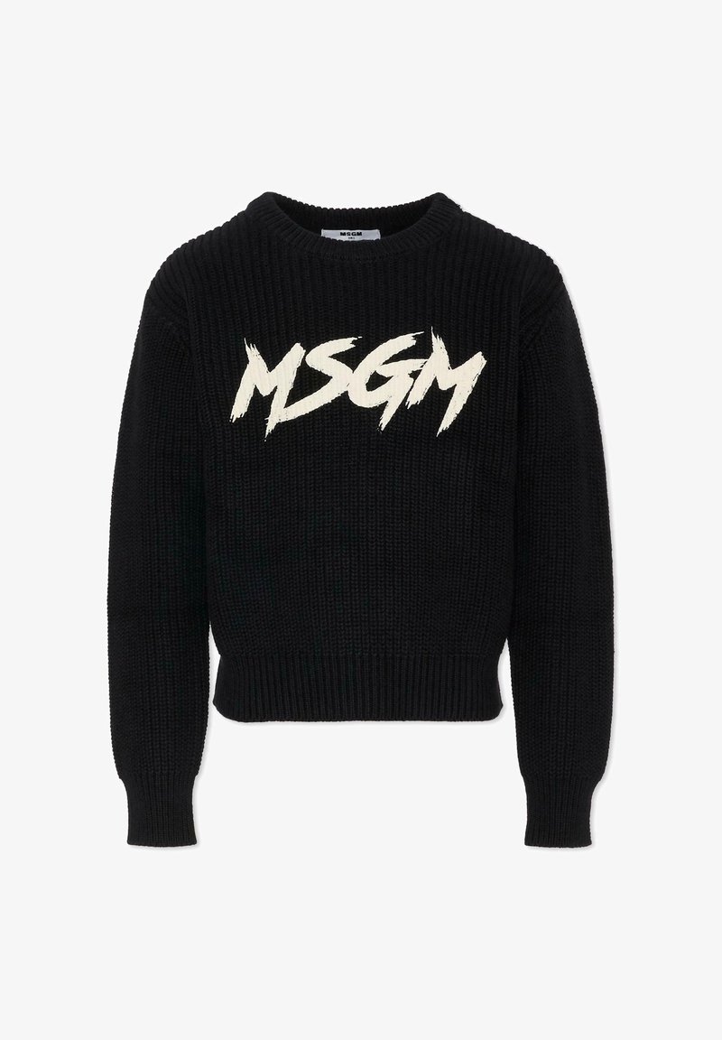 Maglione nero a maglia con design corto, texture a coste e logo grafico bianco "MSGM" sul davanti. Maniche lunghe e collo rotondo.