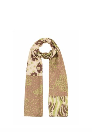 Light brown and beige scarf with abstract green, brown, and cream patterns including dots, crosses, and animal print sections, folded in a loop.