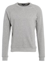 Sudadera gris con mangas raglán largas, cuello redondo, puños y dobladillo de canalé, fabricada en una suave mezcla de algodón, diseño minimalista.