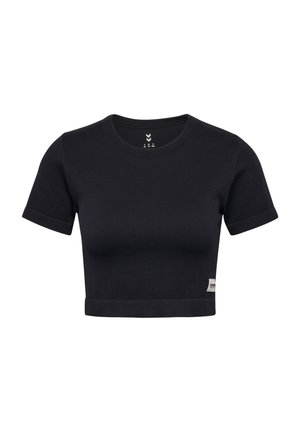 Schwarzes, gekürztes T-Shirt aus geripptem Stoff, mit kurzen Ärmeln und rundem Halsausschnitt. Beinhaltet ein kleines Etikett am unteren Saum.