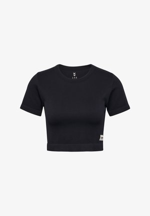 Schwarzes, gekürztes T-Shirt aus geripptem Stoff, mit kurzen Ärmeln und rundem Halsausschnitt. Beinhaltet ein kleines Etikett am unteren Saum.