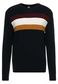 Stickad tröja i marinblått med horisontella ränder i vinröd, vit och senapsgul. Rund halslinning och långa ärmar, strukturerad tyg.