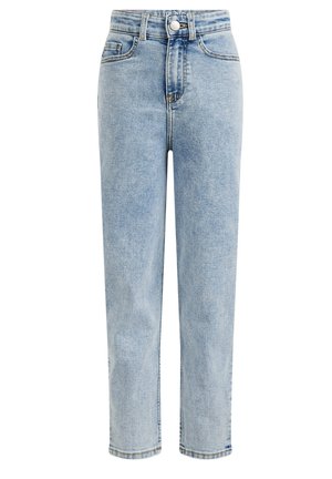 Light blue denim jeans with a high waist, straight leg design, five pockets, and a button closure. Features subtle fading and stitching details.