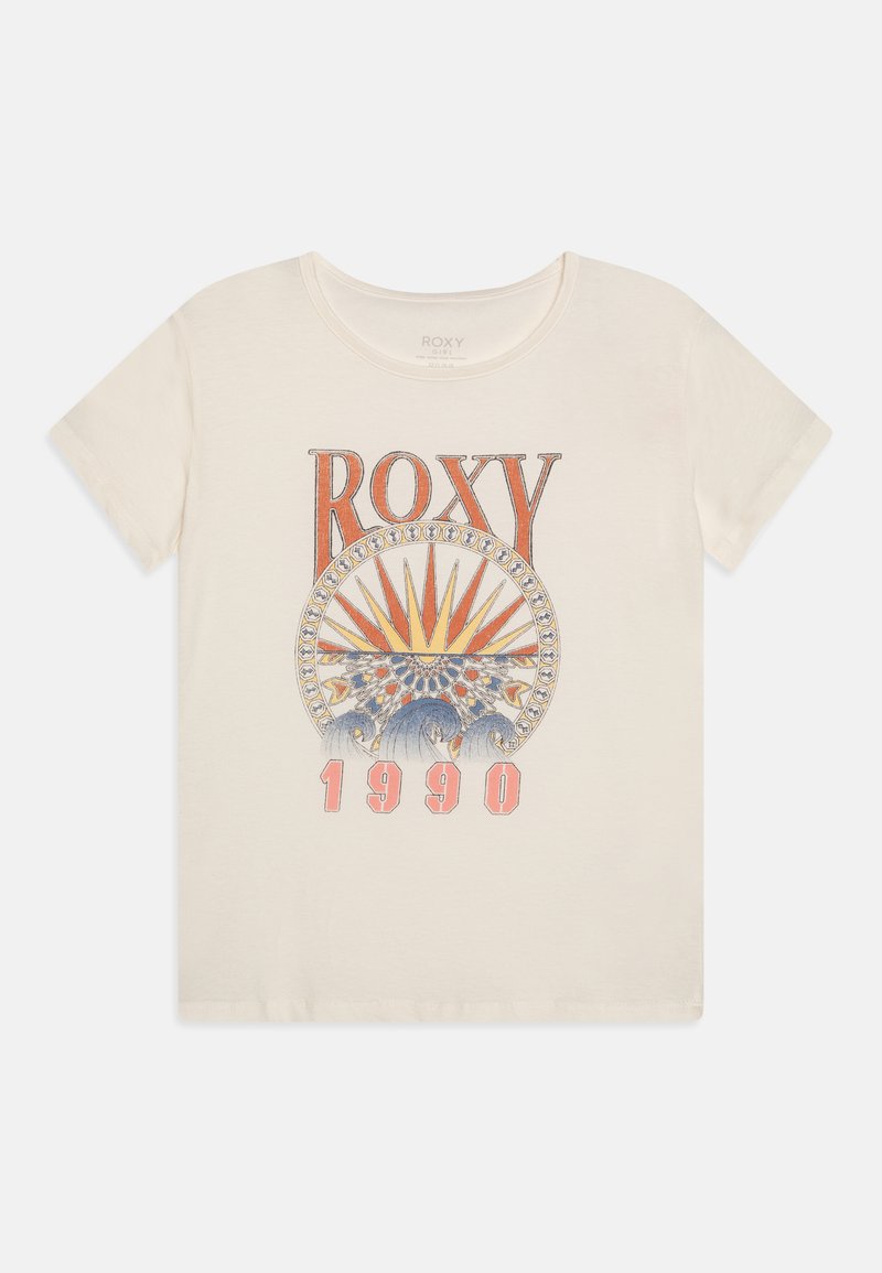 Crème-kleurig T-shirt van katoen, voorzien van het Roxy-logo met een oranje zonnestraal en golfgrafiek. Korte mouwen, ronde halslijn en een relaxte pasvorm.