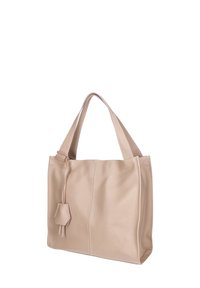 Beige leren totebag met een gestructureerd oppervlak, dubbele schouderbanden en een decoratieve franjeaccent. Rechthoekige vorm, minimalistisch ontwerp.