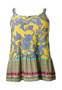 Geel mouwloos topje met ingewikkelde turquoise bloemenpatronen, gerimpelde zoom en een meerkleurige patroonrand aan de onderkant.