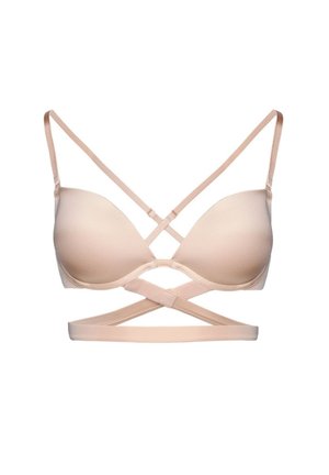 Nagi stanik z gładkimi, wyściełanymi miseczkami i krzyżującymi się ramiączkami; wykonany z miękkiego materiału; posiada regulowane ramiączka i szeroki pas u dołu.