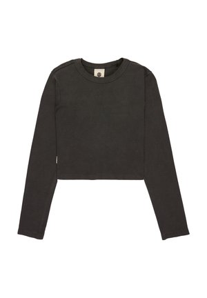 Zwarte cropped longsleeve shirt van zachte katoen. Heeft een ronde halslijn en een geribbelde structuur, met fijne stikdetails aan de zijkanten.