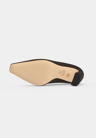 Dessous d’un escarpin noir à semelle beige et talon noir. La pointure 37 est indiquée sur la semelle.