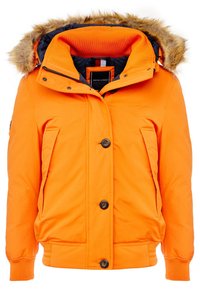 Veste d'hiver orange vif avec capuche bordée de fourrure, fermeture avant à boutons et fermeture éclair, et poches latérales.