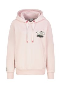 Rosa Kapuzenpullover aus weichem Stoff mit Fronttasche, weißen Kordeln und grafischem Design mit "Puff Exploding Emotions" auf der Brust.