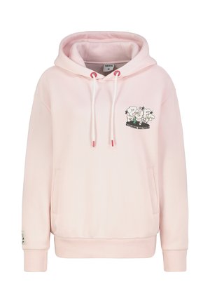 Rosa Kapuzenpullover aus weichem Stoff mit Fronttasche, weißen Kordeln und grafischem Design mit "Puff Exploding Emotions" auf der Brust.