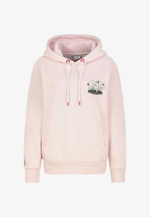 Rosa Kapuzenpullover aus weichem Stoff mit Fronttasche, weißen Kordeln und grafischem Design mit "Puff Exploding Emotions" auf der Brust.