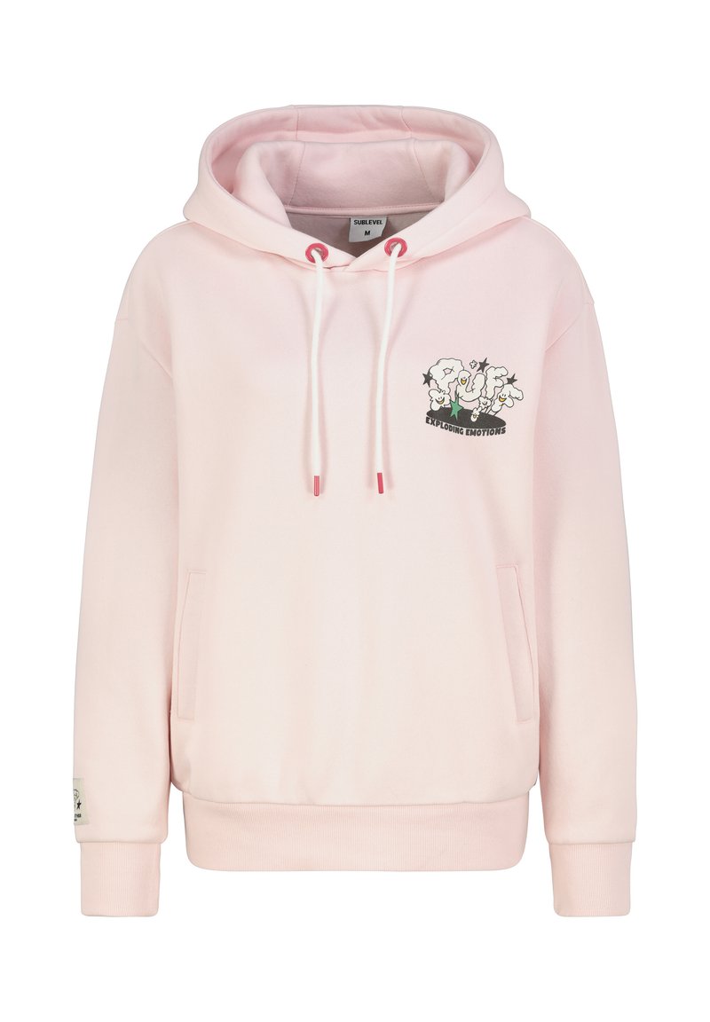 Rosa Kapuzenpullover aus weichem Stoff mit Fronttasche, weißen Kordeln und grafischem Design mit "Puff Exploding Emotions" auf der Brust.