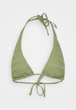 Grøn textured bikini top med trekantet design. Har justerbare snore i nakken og bagpå samt en diskret zigzag-mønster.
