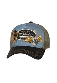 Casquette trucker Von Dutch bleu et noir avec un dos en mesh, ornée de patchs avec un œil ailé et un crâne, ainsi que le nom de la marque et le logo brodés.