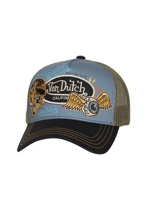 Casquette trucker Von Dutch bleu et noir avec un dos en mesh, ornée de patchs avec un œil ailé et un crâne, ainsi que le nom de la marque et le logo brodés.