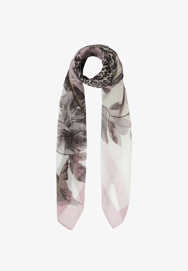 Écharpe légère en tissu transparent avec un motif floral dans des tons marron et rose pâle, dotée de pointes triangulaires et d'une texture lisse.