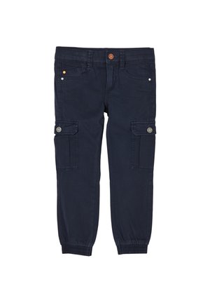 Marineblauwe cargobroek met elastische boorden, voor- en zijzakken, knoopsluiting en riemlussen.