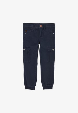 Granatowe bojówki z elastycznymi mankietami, przednimi i bocznymi kieszeniami, zapięciem na guziki oraz szlufkami na pasek.