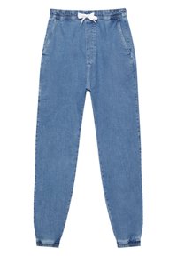 Lichtblauwe denim joggerbroeken met elastische taille en enkelboorden, voorzien van een witte trekkoord en zijzakken.