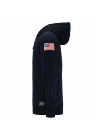 Felpa della marina con tasca frontale, dotata di una patch ricamata con la bandiera americana sulla manica sinistra e un design a righe testurizzate sui lati.