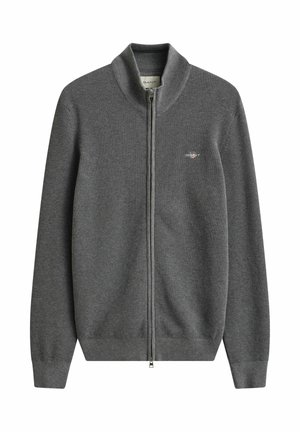 Grauer Strickpullover mit durchgehendem Reißverschluss, hohem Kragen, langen Ärmeln, gerippten Bündchen und Saum sowie kleinem, gesticktem Logo auf der linken Brust.