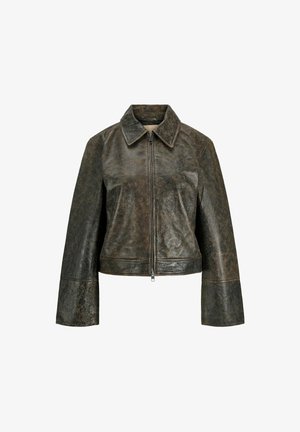 Dark brown distressed leather jacket with full front zipper, wide collar, and long sleeves with slightly flared cuffs.