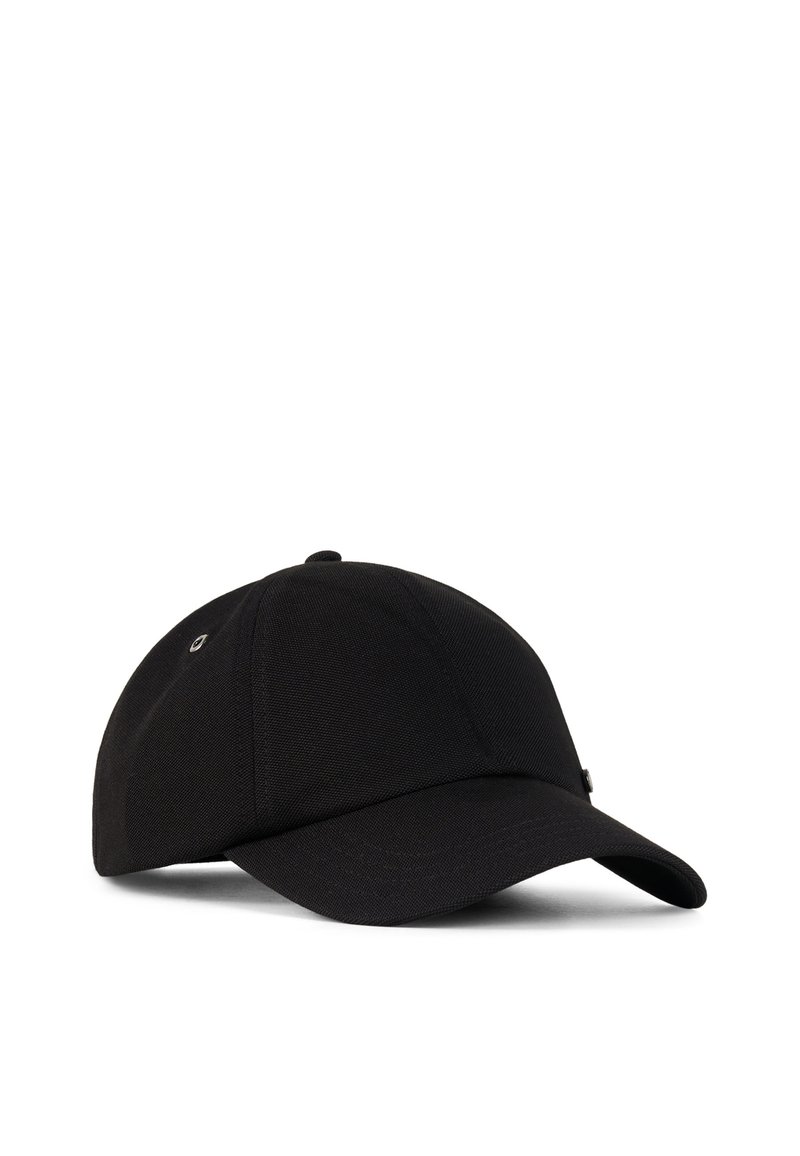 Black baseball cap made of textured fabric, featuring a curved brim, six-panel design, and a small metal logo accent on the side.