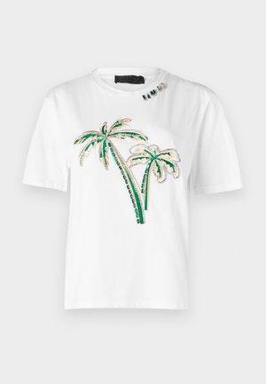 T-shirt bianca in cotone con ricamo di palme verdi e oro, decorata con strass sul petto e collo rotondo.