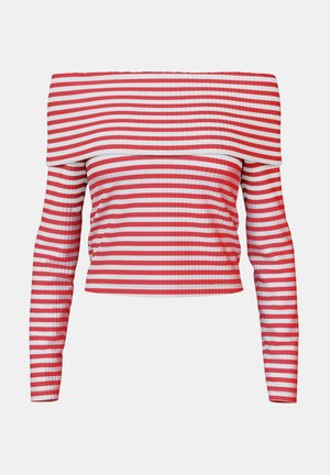 Rød og hvit stripete av- skulderen crop-top, med lange ermer og ribbet tekstur. Enkel, tettsittende design.